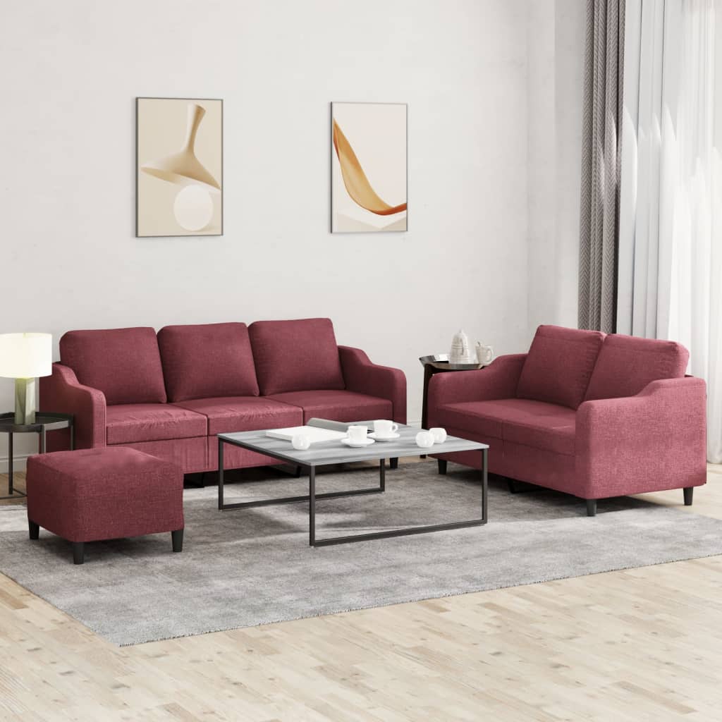 Set di Divani 3 pz con Cuscini Rosso Vino in Tessuto