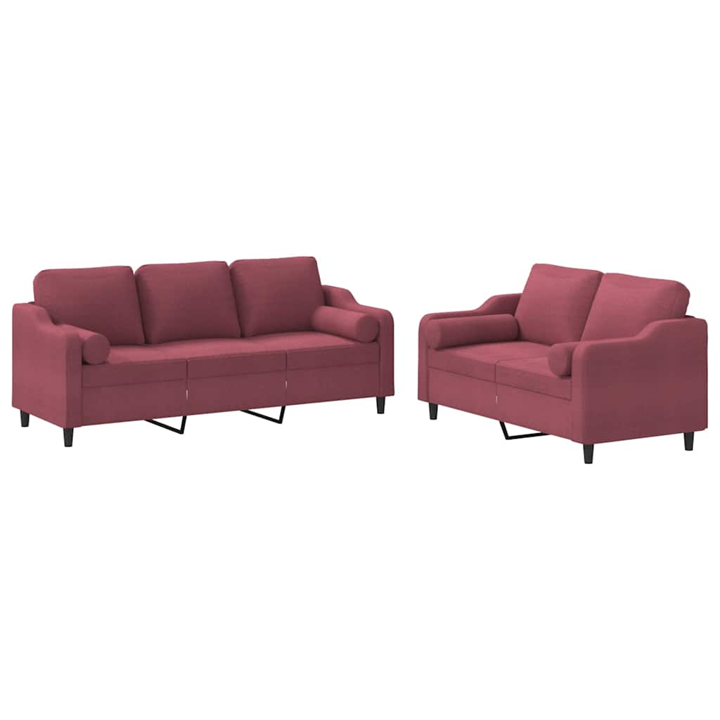 Set di Divani 2 pz con Cuscini Rosso Vino in Tessuto