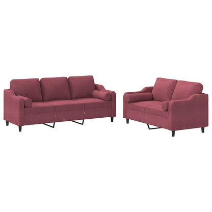 Set di Divani 2 pz con Cuscini Rosso Vino in Tessuto