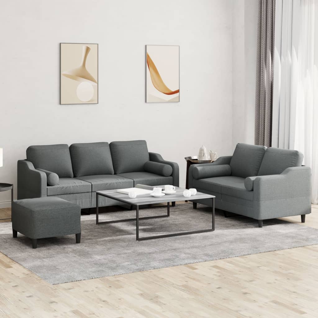 Set di Divani 3 pz con Cuscini Grigio Scuro in Tessuto