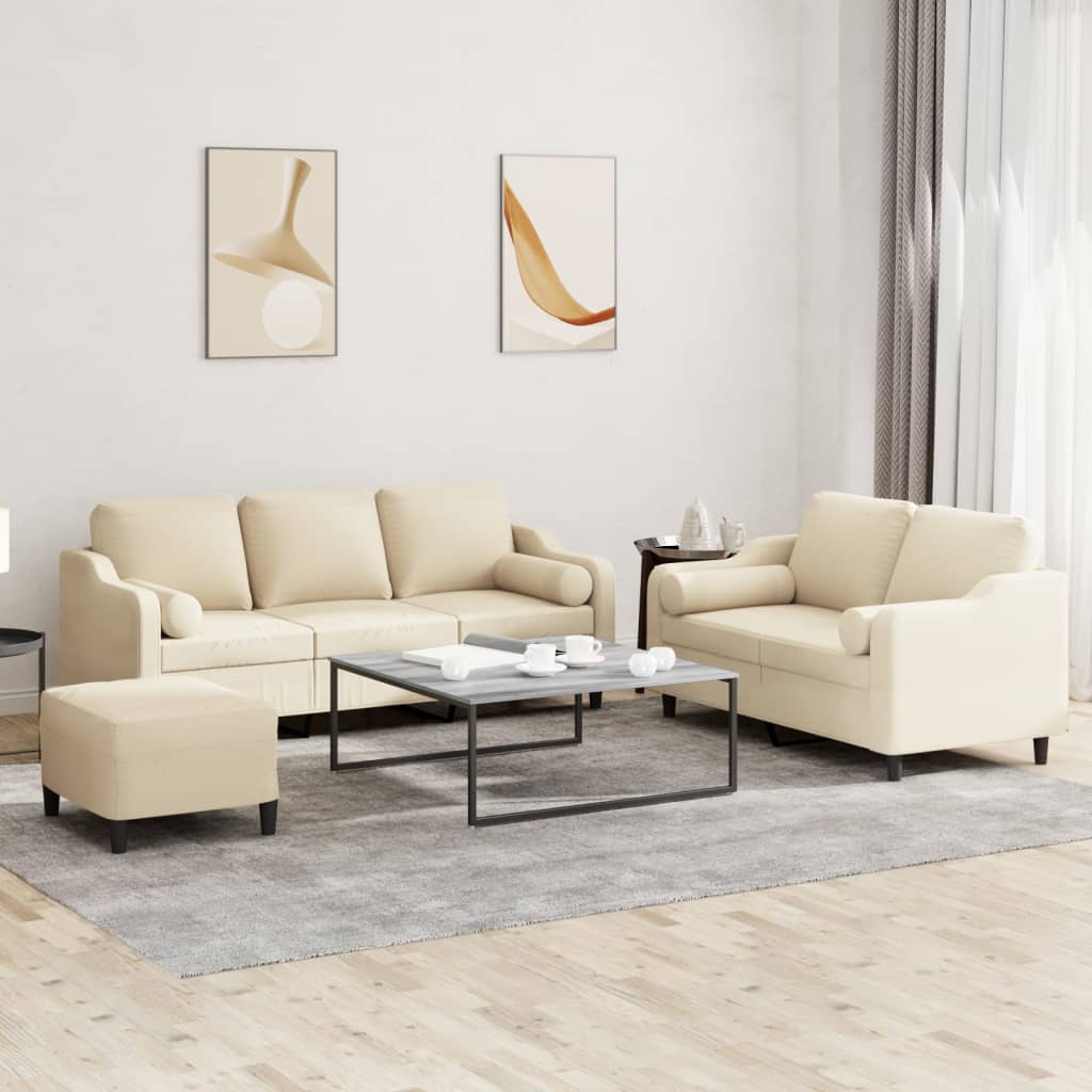 Set Divani 3 pz con Cuscini Crema in Tessuto