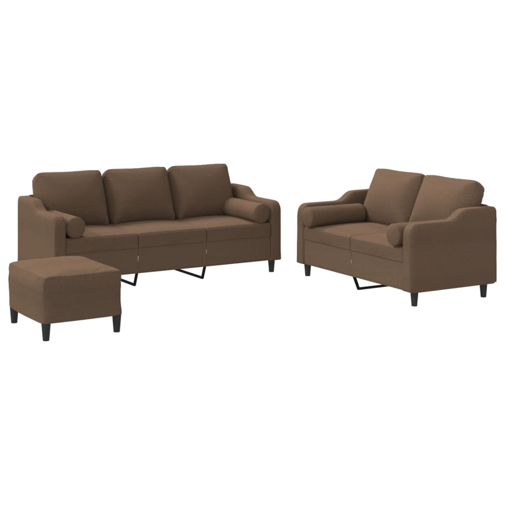Set di Divani 3 pz con Cuscini Marrone in Tessuto