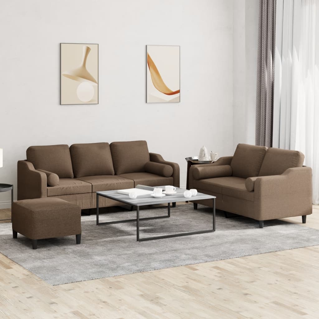 Set di Divani 3 pz con Cuscini Marrone in Tessuto