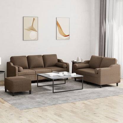 Set di Divani 3 pz con Cuscini Marrone in Tessuto
