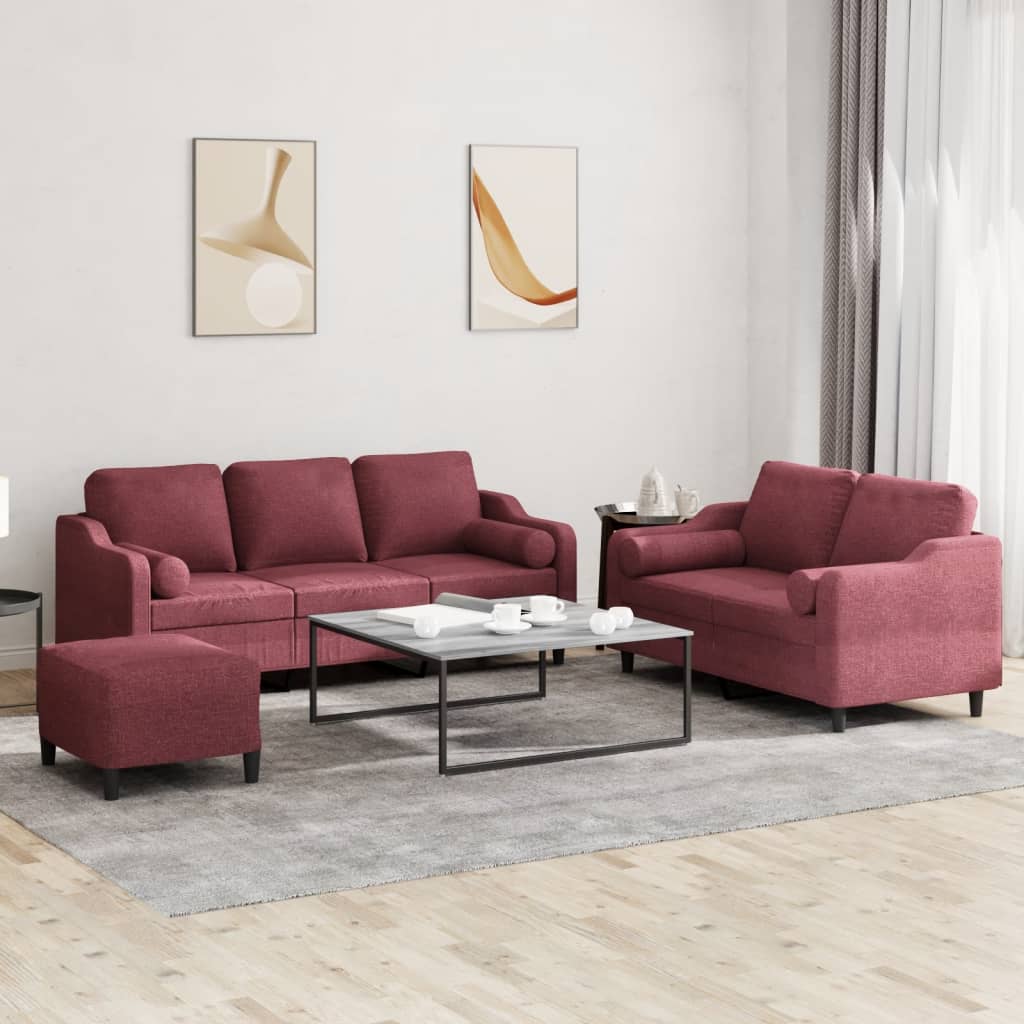Set di Divani 3 pz con Cuscini Rosso Vino in Tessuto