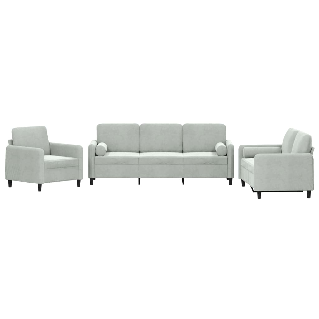 Set di Divani 3 pz con Cuscini Grigio Chiaro in Velluto