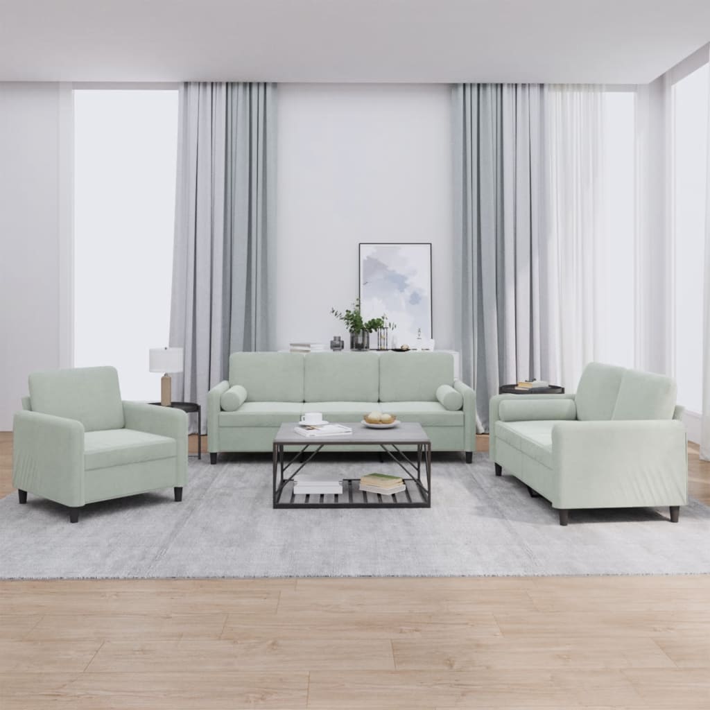 Set di Divani 3 pz con Cuscini Grigio Chiaro in Velluto