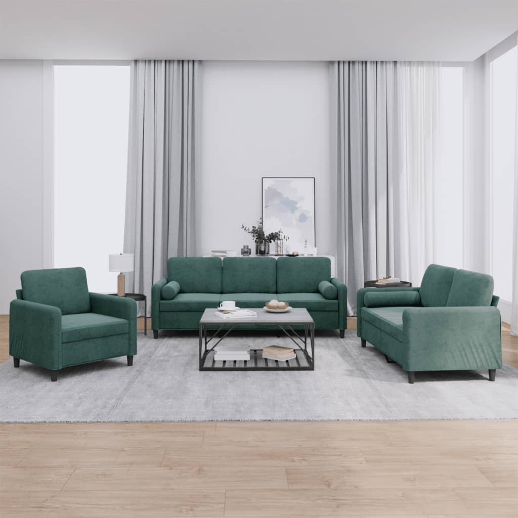 Set di Divani 3 pz con Cuscini Verde scuro in Velluto