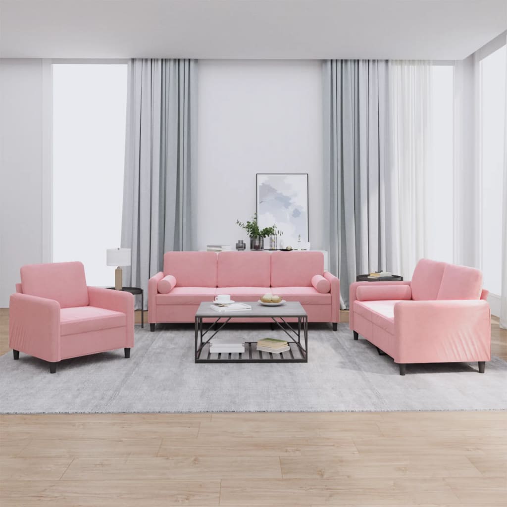 Set di Divani 3 pz con Cuscini rosa in Velluto