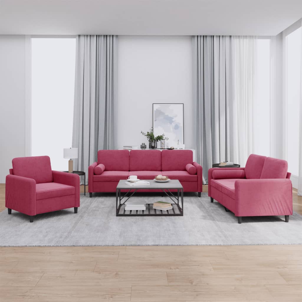 Set di Divani 3 pz con Cuscini Rosso Vino in Velluto