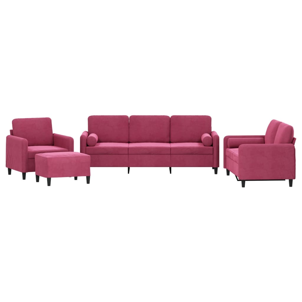 Set di Divani 4 pz con Cuscini Rosso Vino in Velluto