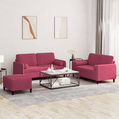 Set di Divani 3 pz con Cuscini Rosso Vino in Velluto