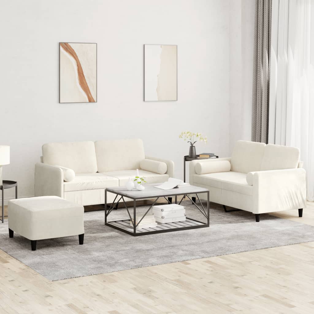 Set di Divani 3 pz con Cuscini Crema in Velluto