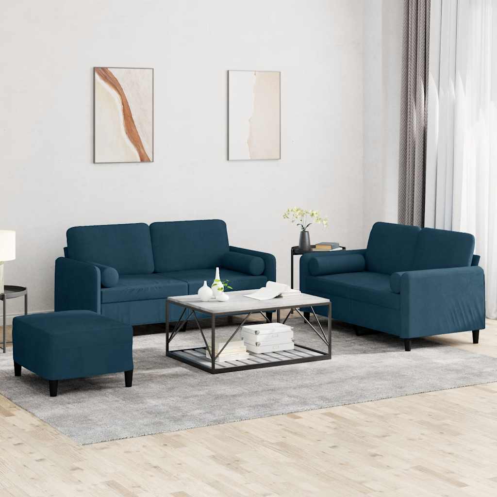 Set di Divani 3 pz con Cuscini Blu in Velluto
