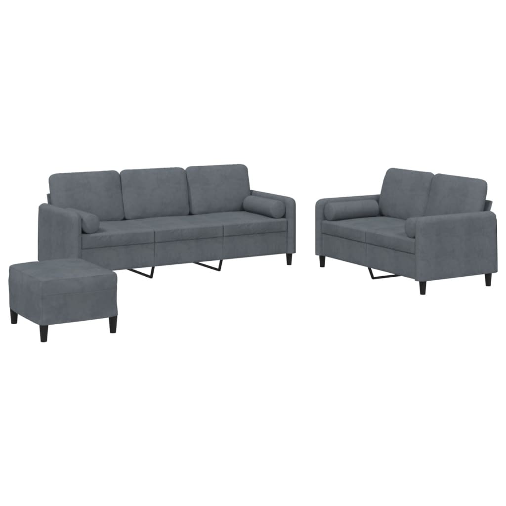 Set di Divani 3 pz con Cuscini Grigio Scuro in Velluto