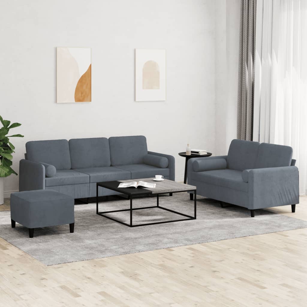 Set di Divani 3 pz con Cuscini Grigio Scuro in Velluto