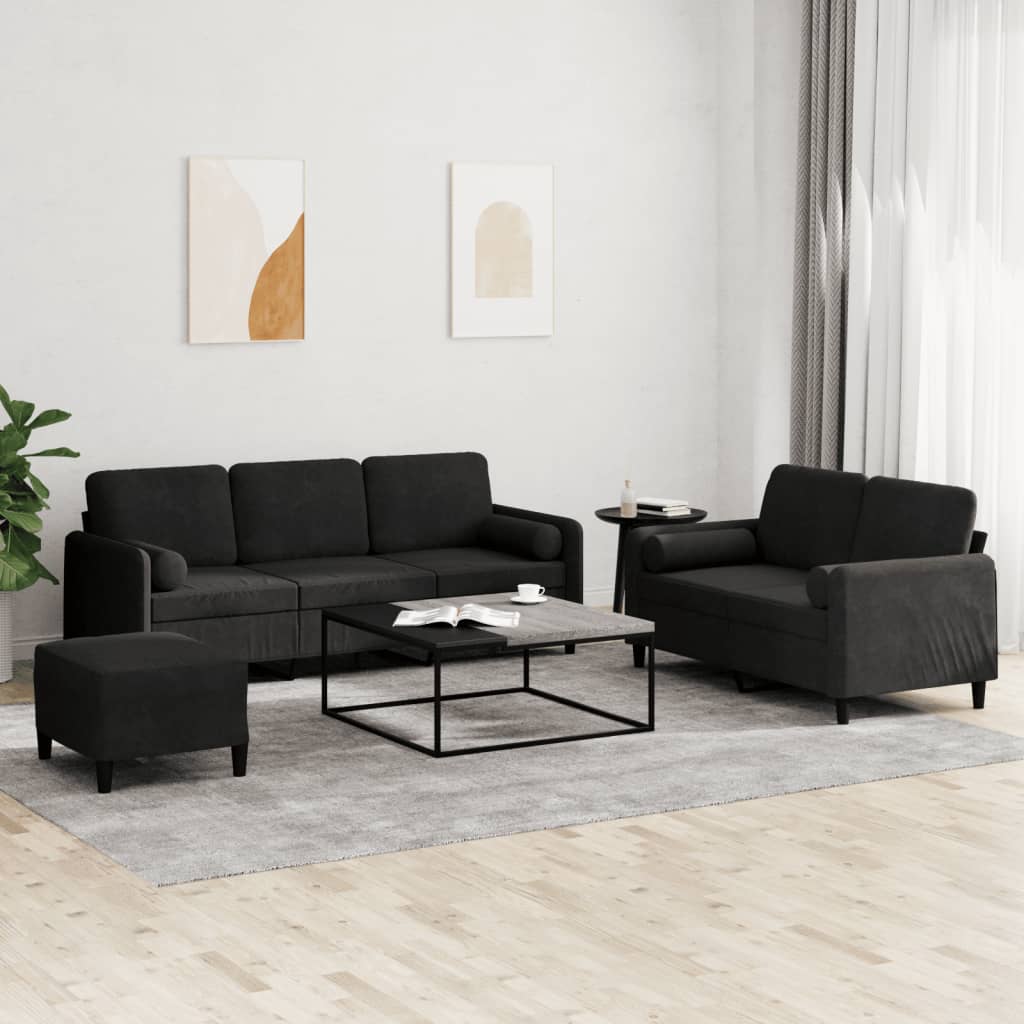 Set di Divani 3 pz con Cuscini Nero in Velluto