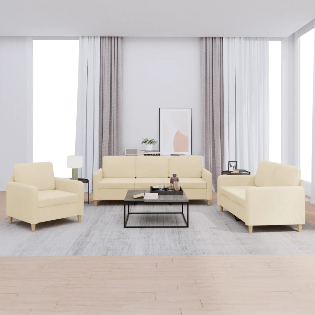 Set di Divani 3 pz con Cuscini Crema in Tessuto
