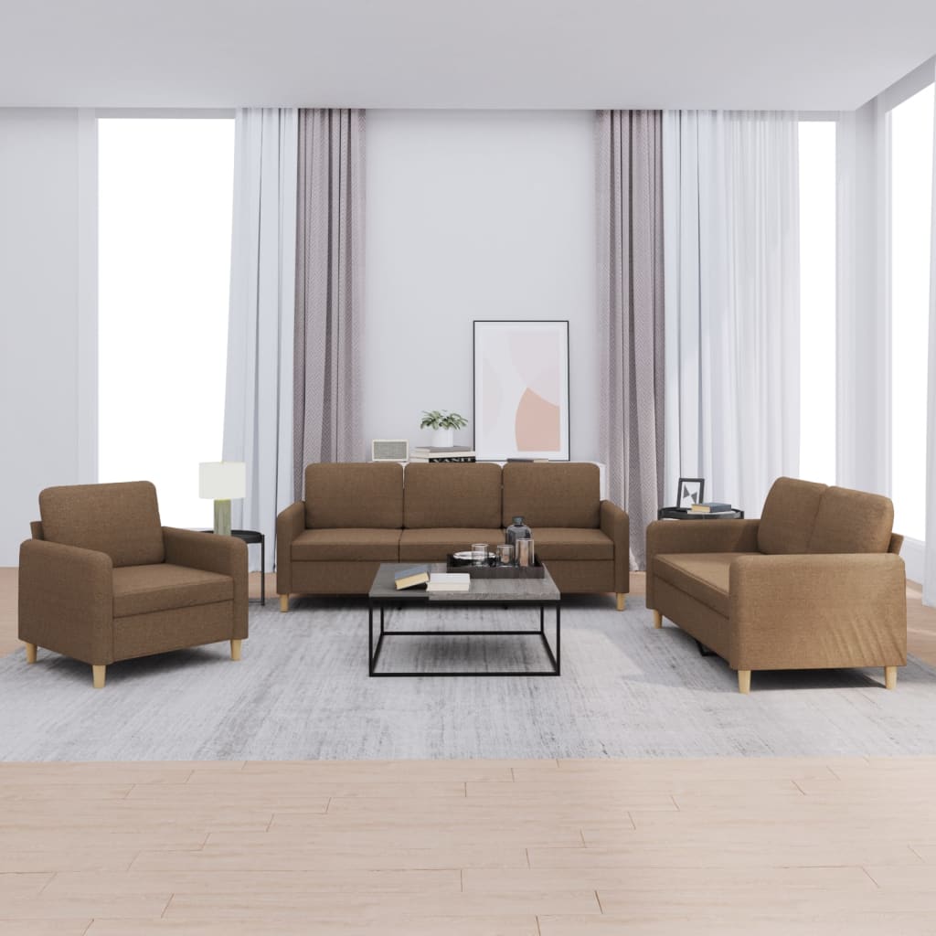 Set di Divani 3 pz con Cuscini Marrone in Tessuto