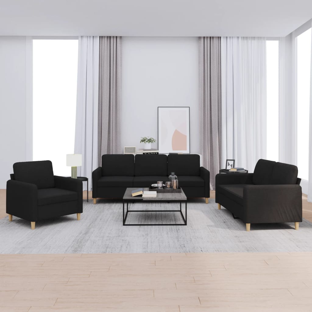 Set di Divani 3 pz con Cuscini Nero in Tessuto