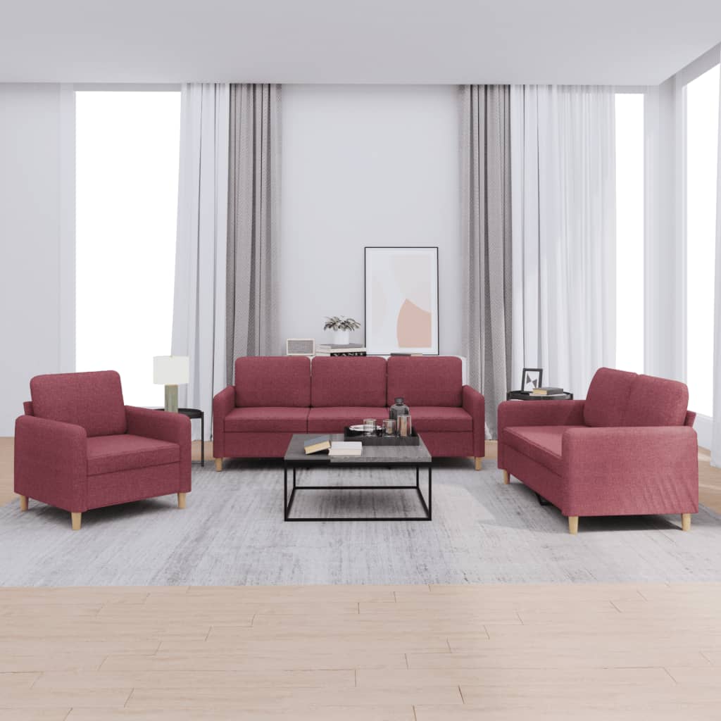 Set di Divani 3 pz con Cuscini Rosso Vino in Tessuto