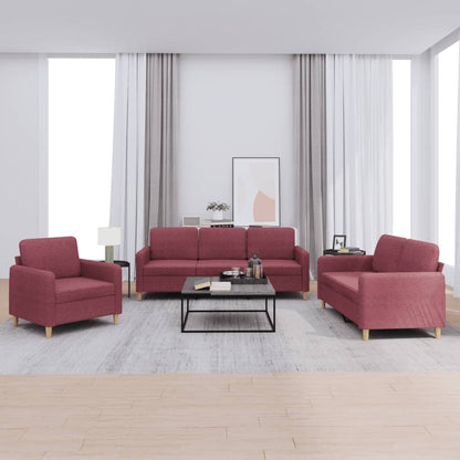 Set di Divani 3 pz con Cuscini Rosso Vino in Tessuto