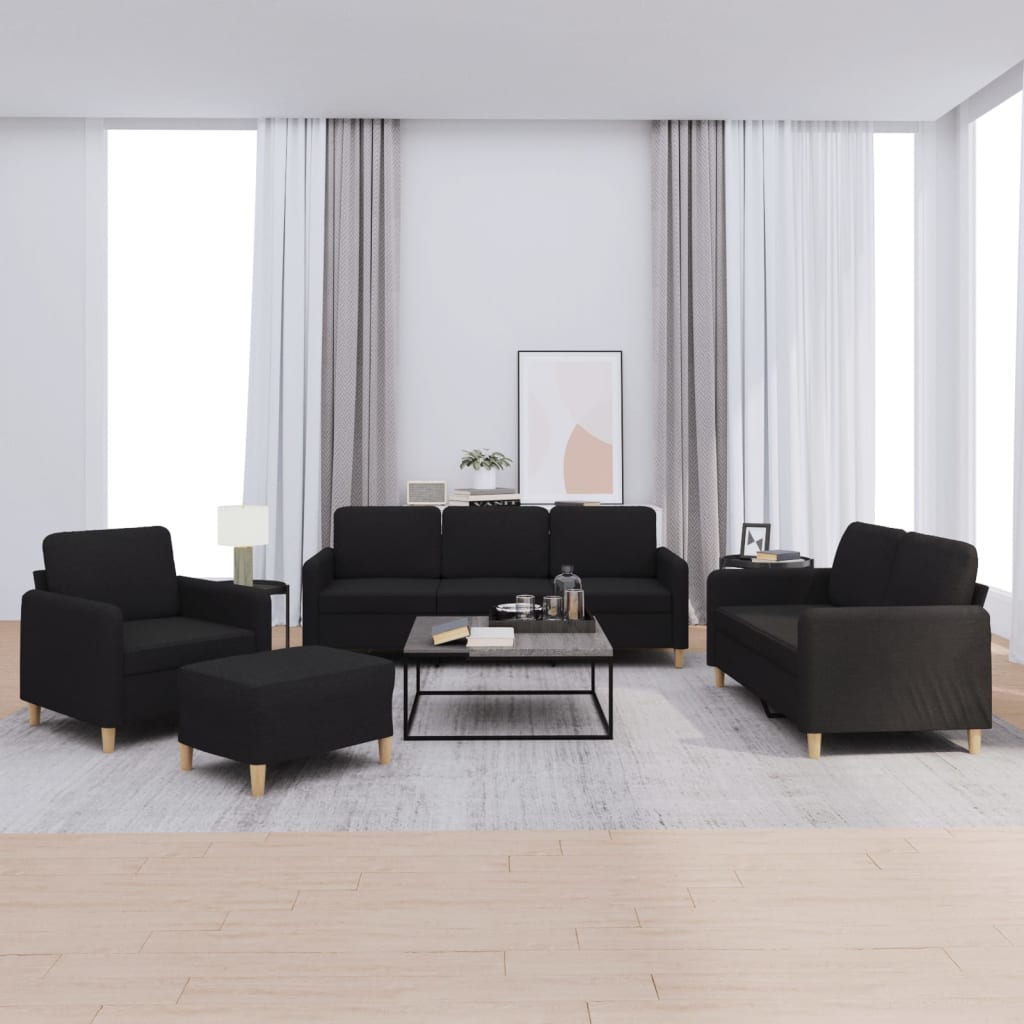 Set di Divani 4 pz con Cuscini Nero in Tessuto