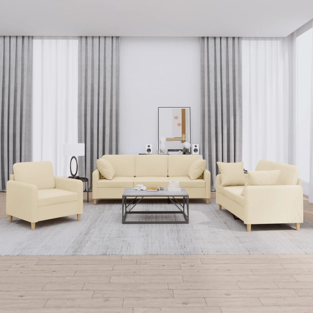 Set Divani 3 pz con Cuscini Crema in Tessuto