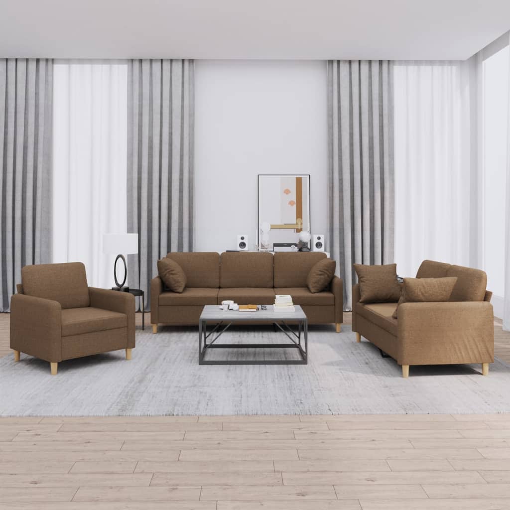 Set di Divani 3 pz con Cuscini Marrone in Tessuto