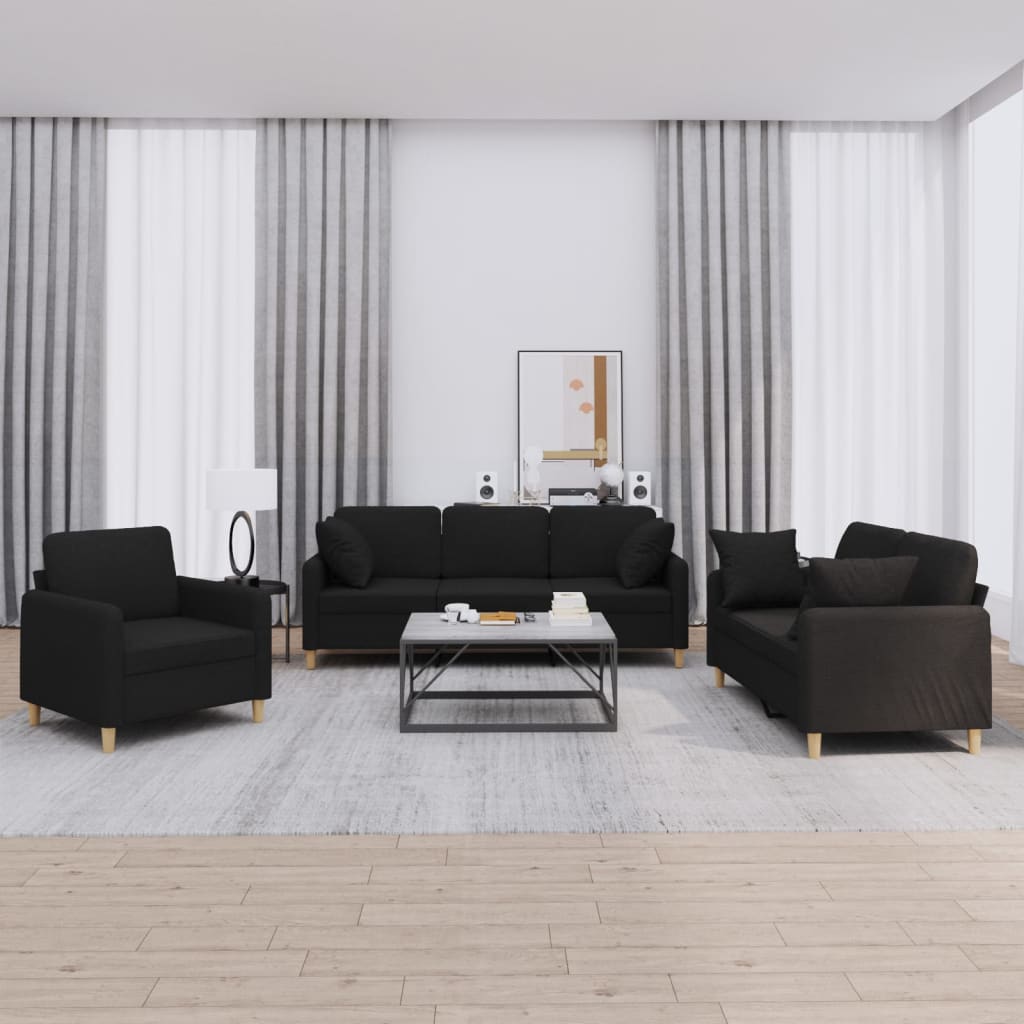 Set Divani 3 pz con Cuscini Nero in Tessuto