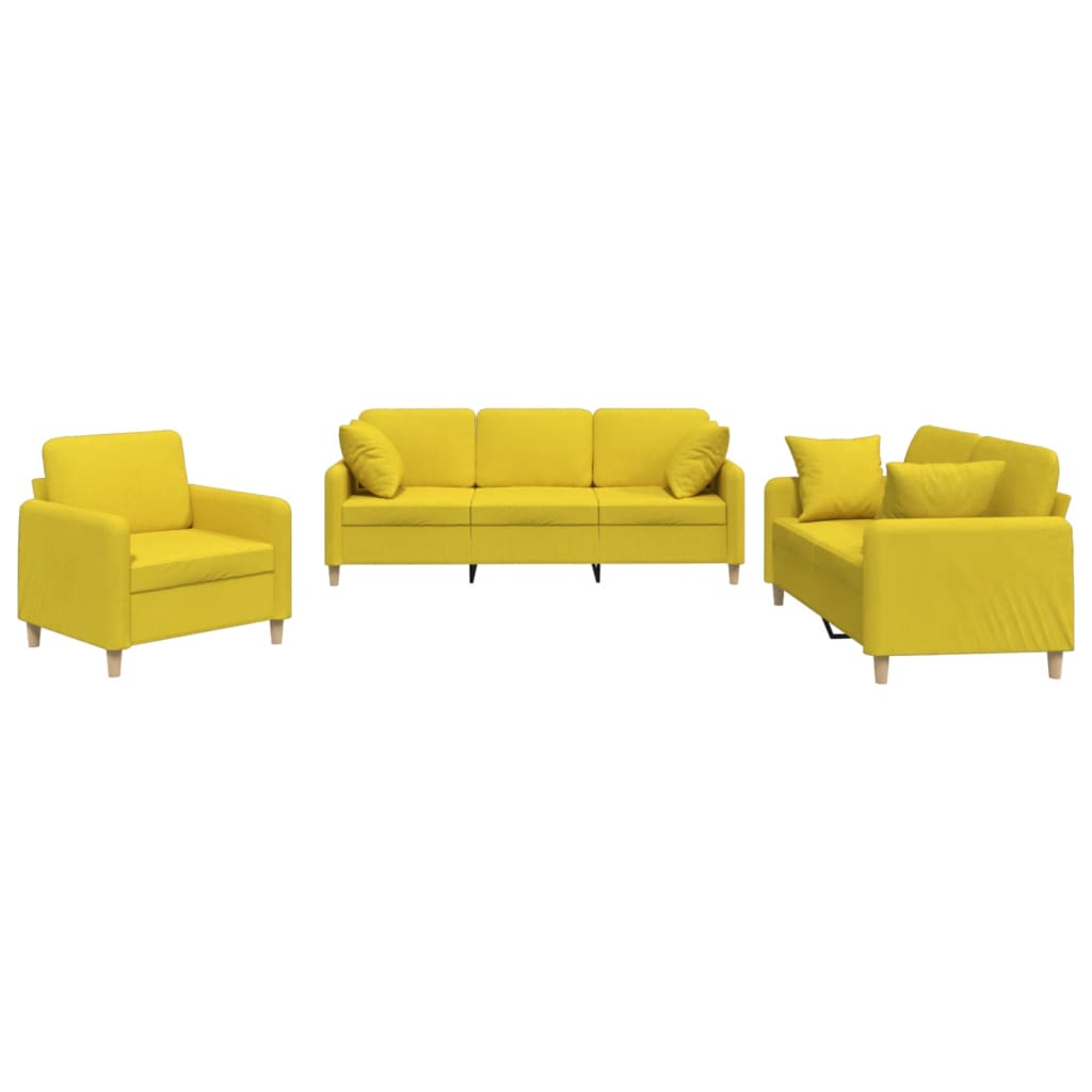 Set di Divani 3 pz con Cuscini Giallo Chiaro in Tessuto