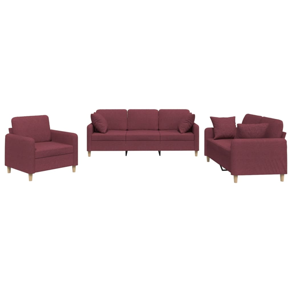 Set di Divani 3 pz con Cuscini Rosso Vino in Tessuto