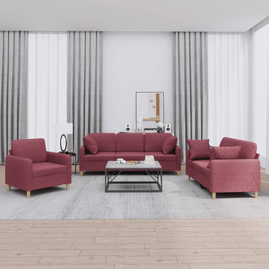 Set di Divani 3 pz con Cuscini Rosso Vino in Tessuto