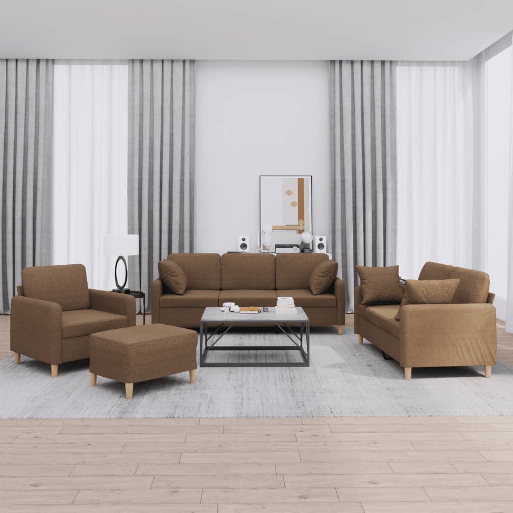 Set di Divani 4 pz con Cuscini Marrone in Tessuto