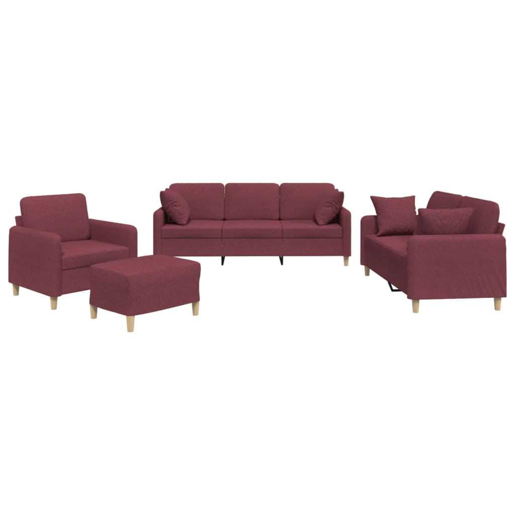 Set di Divani 4 pz con Cuscini Rosso Vino in Tessuto