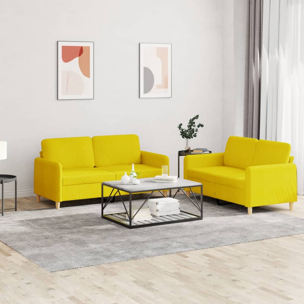 Set di Divani 2 pz con Cuscini Giallo Chiaro in Tessuto