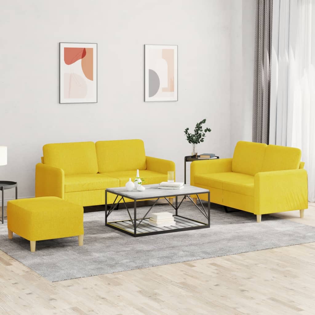 Set di Divani 3 pz con Cuscini Giallo Chiaro in Tessuto