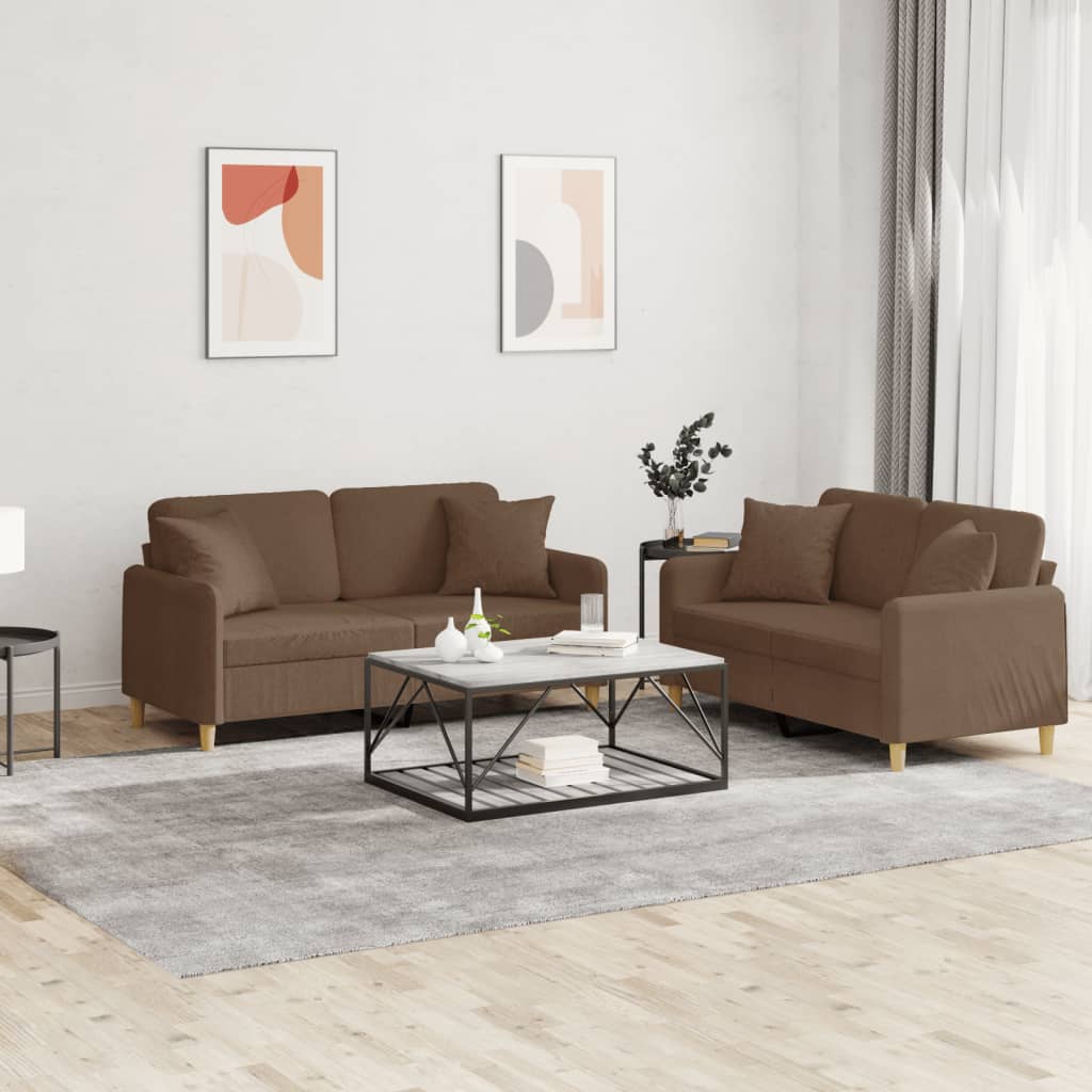 Set di Divani 2 pz con Cuscini Marrone in Tessuto