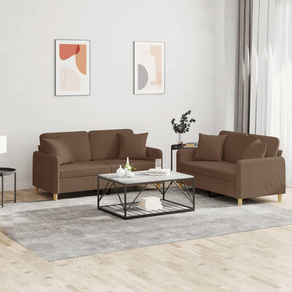 Set di Divani 2 pz con Cuscini Marrone in Tessuto