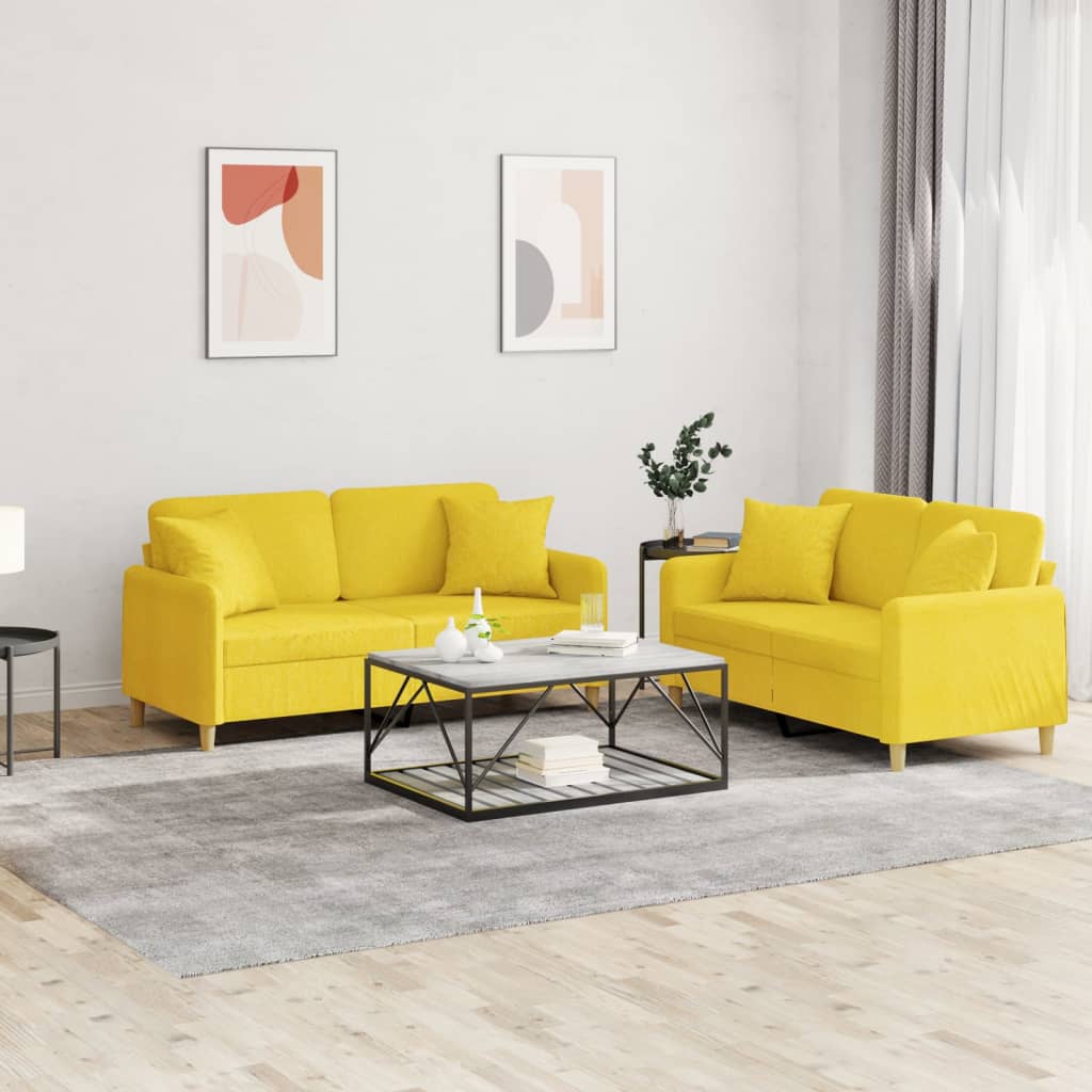 Set di Divani 2 pz con Cuscini Giallo Chiaro in Tessuto
