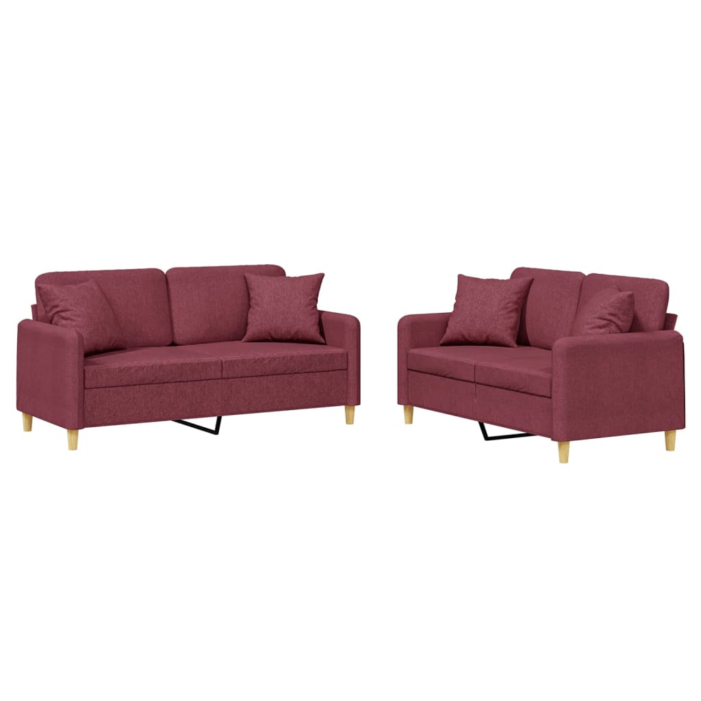 Set di Divani 2 pz con Cuscini Rosso Vino in Tessuto