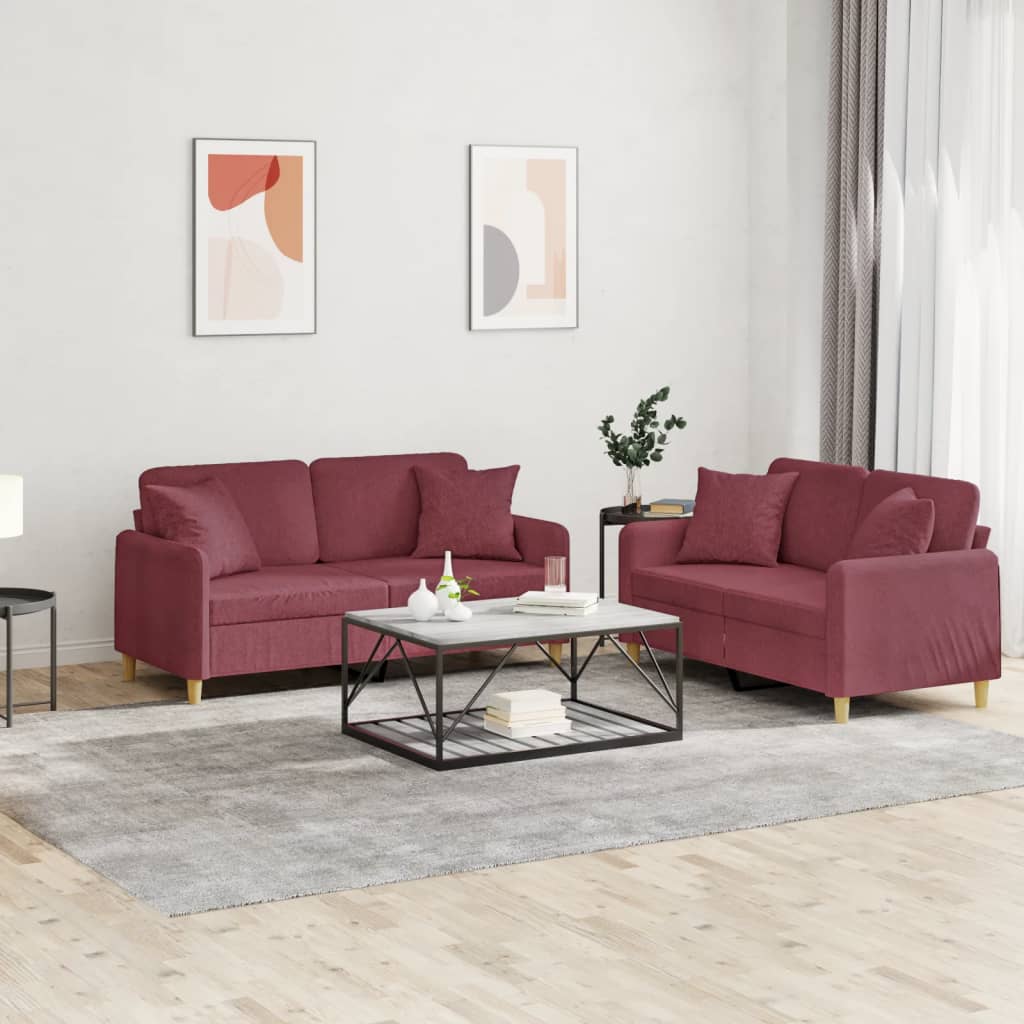 Set di Divani 2 pz con Cuscini Rosso Vino in Tessuto