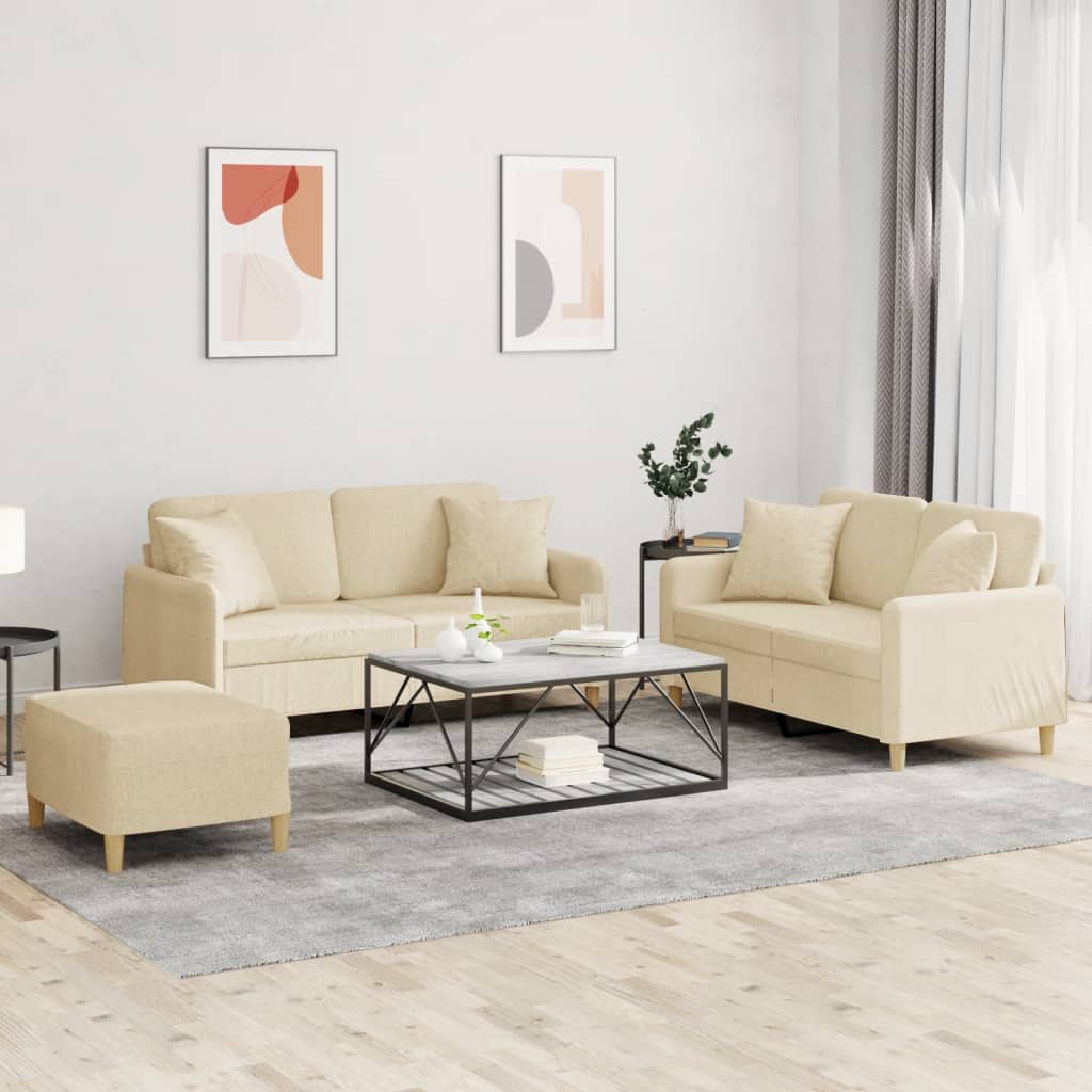 Set Divani 3 pz con Cuscini Crema in Tessuto