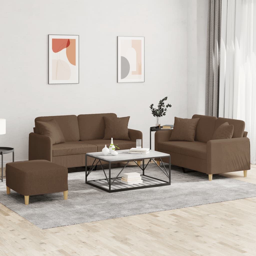 Set di Divani 3 pz con Cuscini Marrone in Tessuto