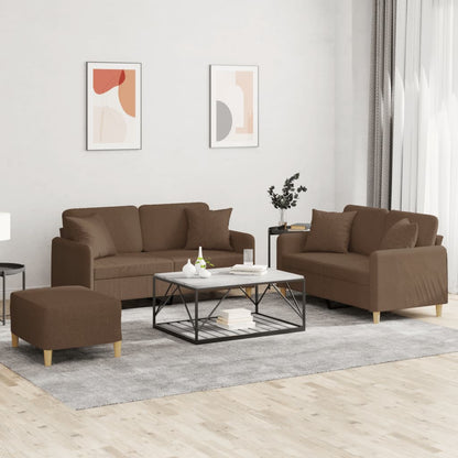 Set di Divani 3 pz con Cuscini Marrone in Tessuto