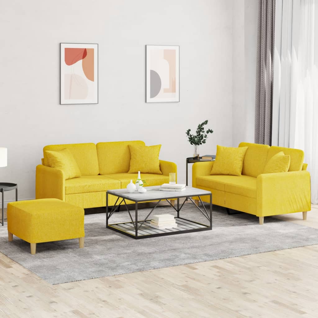Set di Divani 3 pz con Cuscini Giallo Chiaro in Tessuto
