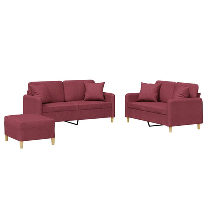 Set di Divani 3 pz con Cuscini Rosso Vino in Tessuto