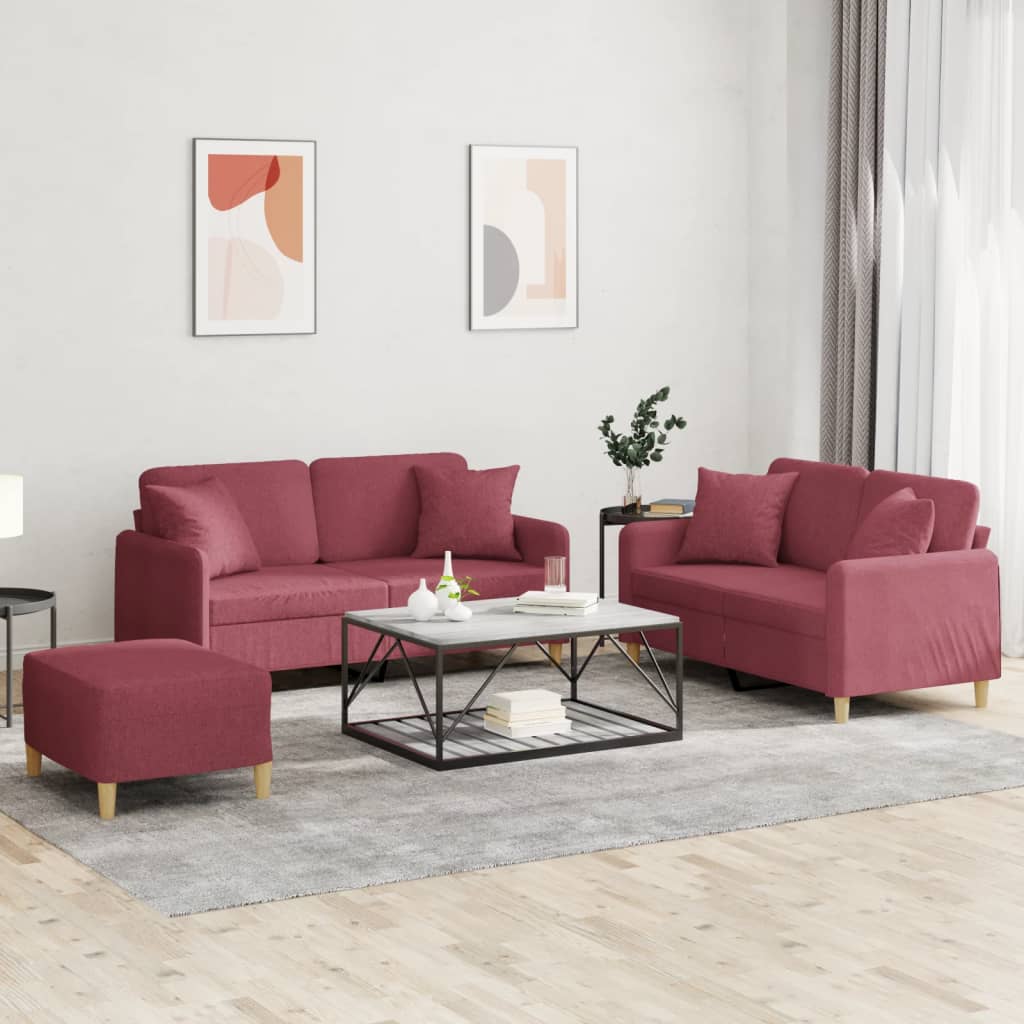 Set di Divani 3 pz con Cuscini Rosso Vino in Tessuto