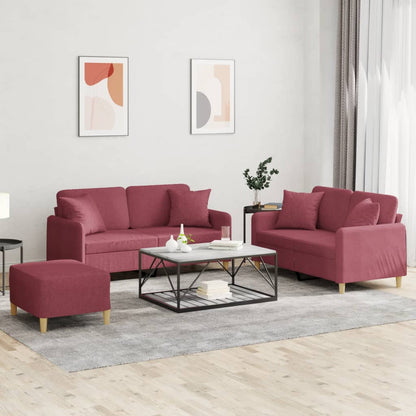 Set di Divani 3 pz con Cuscini Rosso Vino in Tessuto