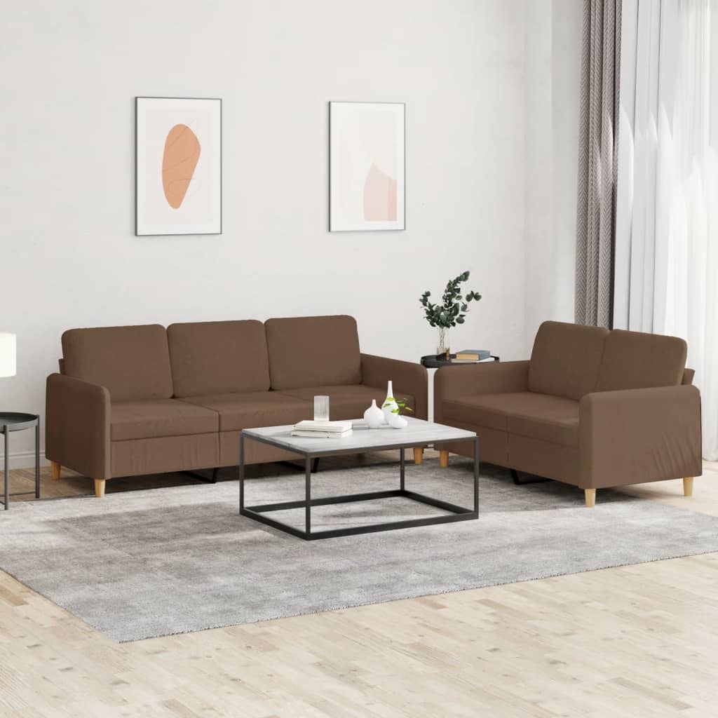 Set di Divani 2 pz con Cuscini Marrone in Tessuto
